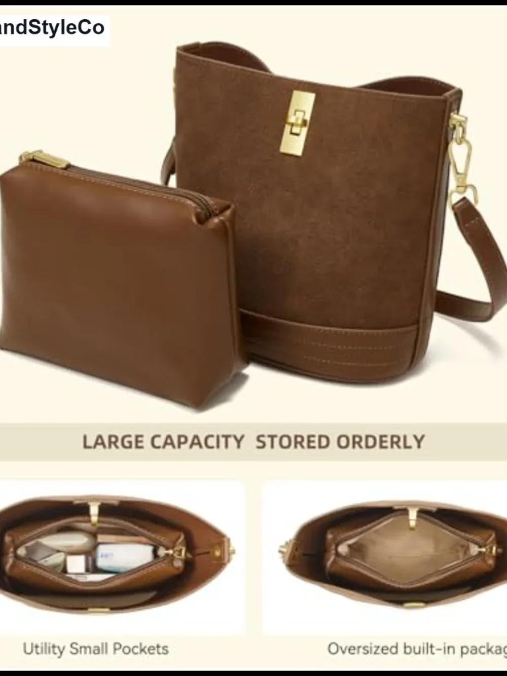 Faux Suede Bucket Bag Crossbody Shoulder Purse Mini Hobo Handbag Detachable
